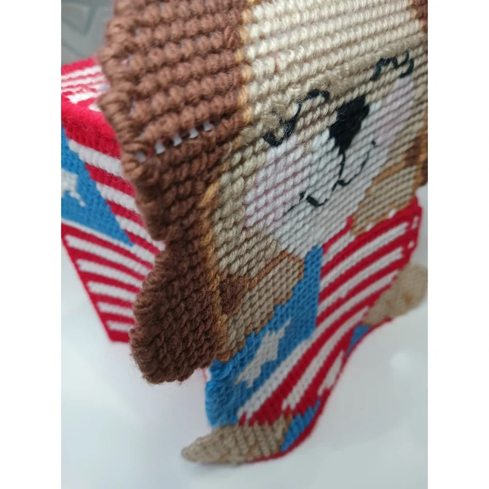 Handmade Needlepoint Plastic Canvas Tissue Box Cover - Patriotic Dog & Sunflower